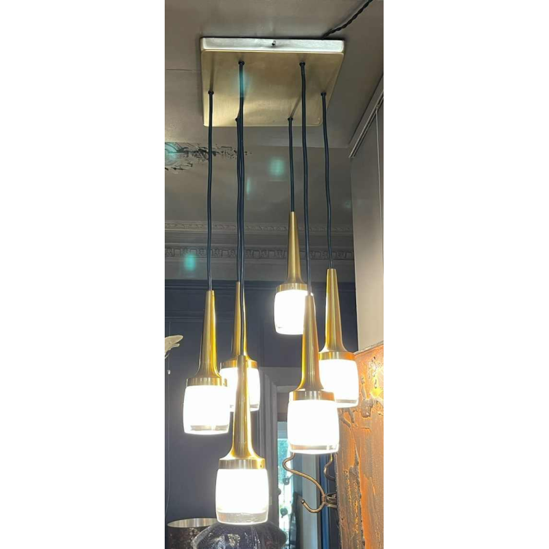 Staff Leuchten, 6-piece cascade chandelier, gilded brass and aluminium and glass, ca 1970