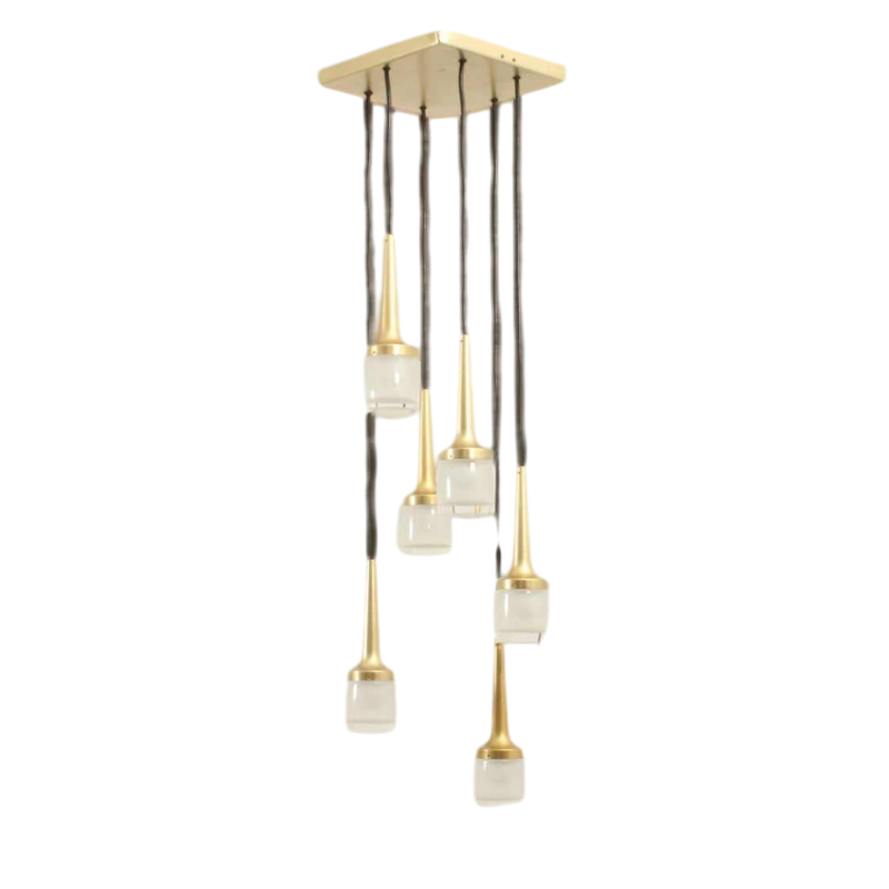 Staff Leuchten, lustre cascade 6 éléments, laiton et aluminium doré, verre, ca 1970