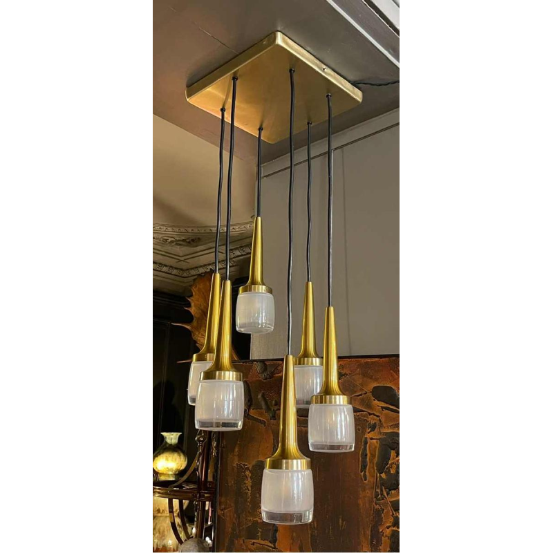 Staff Leuchten, lustre cascade 6 éléments, laiton et aluminium doré, verre, ca 1970