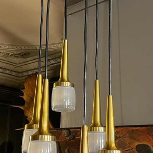 Staff Leuchten, lustre cascade 6 éléments, laiton et aluminium doré, verre, ca 1970