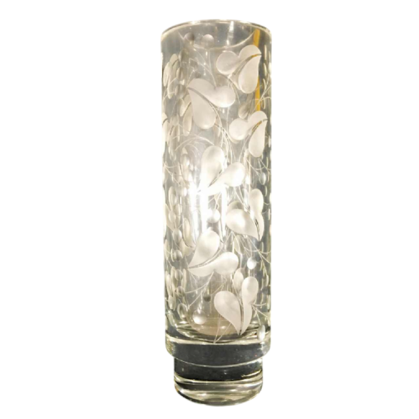 Thick cut colourless crystal vase decorated with stylised leaves, Denmark ca 1940