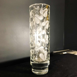 Thick cut colourless crystal vase decorated with stylised leaves, Denmark ca 1940