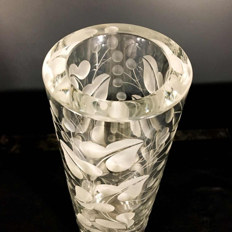Thick cut colourless crystal vase decorated with stylised leaves, Denmark ca 1940