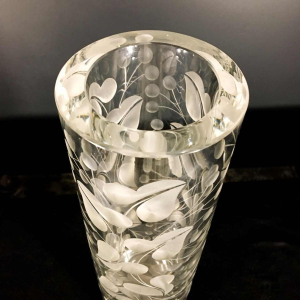 Thick cut colourless crystal vase decorated with stylised leaves, Denmark ca 1940