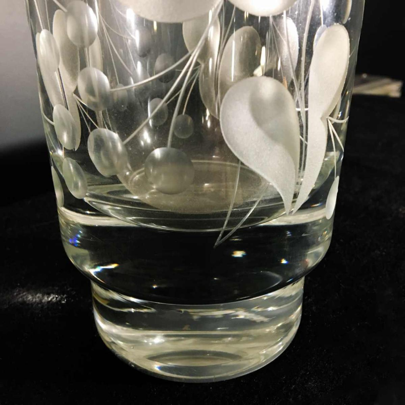 Thick cut colourless crystal vase decorated with stylised leaves, Denmark ca 1940