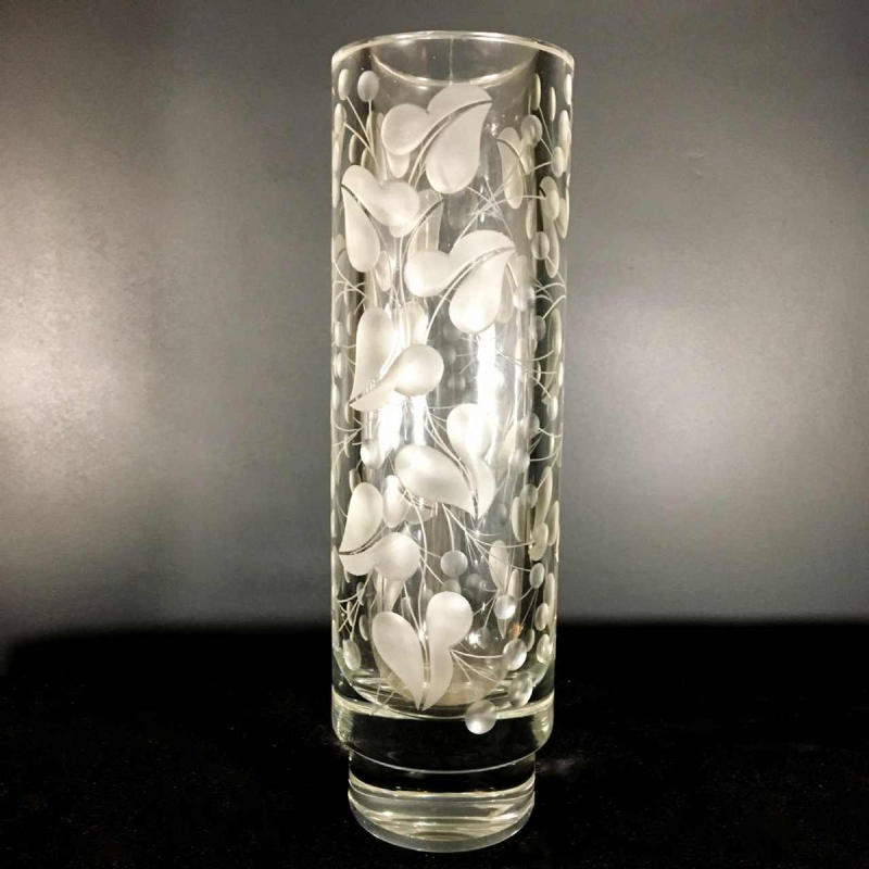 Thick cut colourless crystal vase decorated with stylised leaves, Denmark ca 1940