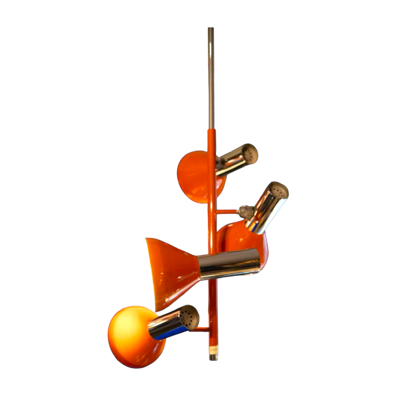 Vintage pendant lamp 4 spots / adjustable chandelier, chromed steel & orange lacquer, Design Space Age, ca 1970