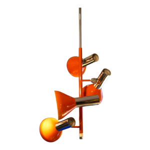 Vintage pendant lamp 4 spots / adjustable chandelier, chromed steel & orange lacquer, Design Space Age, ca 1970