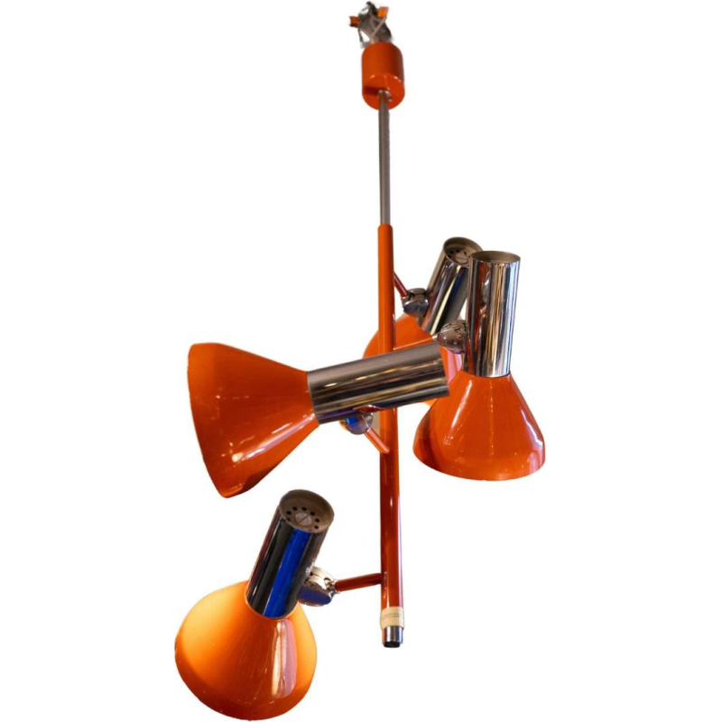 Suspension vintage 4 spots / lustre orientable, acier chromé & laqué orange, Design Space Age, ca 1970