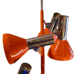 Vintage hanglamp 4 spots / verstelbare kroonluchter, verchroomd staal & oranje lak, Design Space Age, ca 1970