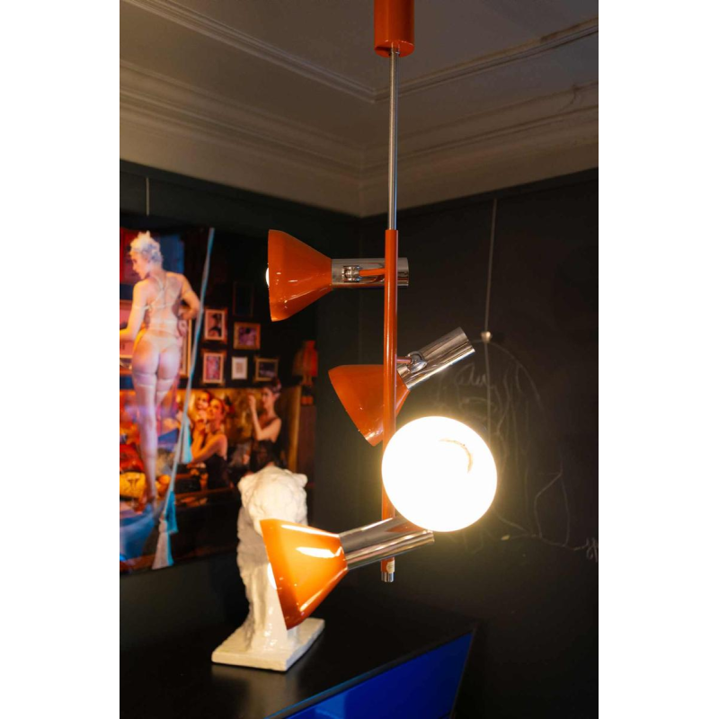 Suspension vintage 4 spots / lustre orientable, acier chromé & laqué orange, Design Space Age, ca 1970