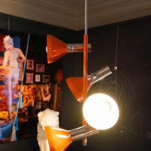 Vintage pendant lamp 4 spots / adjustable chandelier, chromed steel & orange lacquer, Design Space Age, ca 1970