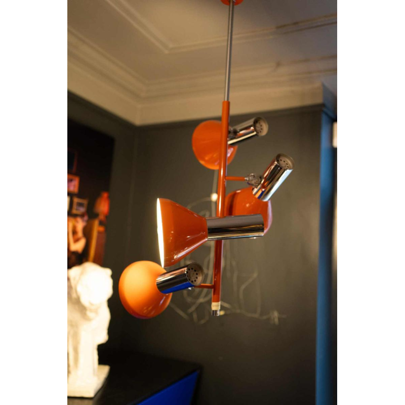 Vintage pendant lamp 4 spots / adjustable chandelier, chromed steel & orange lacquer, Design Space Age, ca 1970