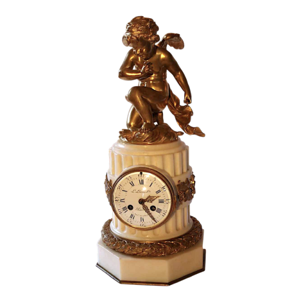 Pendule de L. Leroy en marbre blanc, sculpture 'Amour Cupidon' bronze doré par Carlier, XIXe s