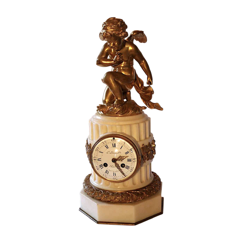 White marble clock by L. Leroy, gilt bronze Amour Cupidon sculpture by Carlier, 19th c