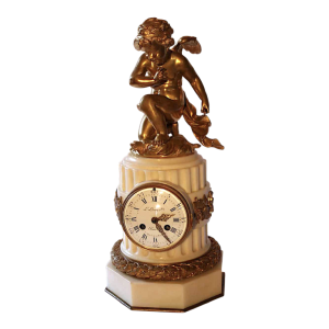 Pendule de L. Leroy en marbre blanc, sculpture 'Amour Cupidon' bronze doré par Carlier, XIXe s
