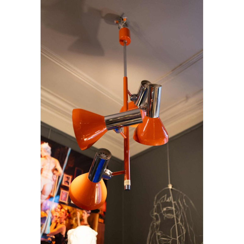 Suspension vintage 4 spots / lustre orientable, acier chromé & laqué orange, Design Space Age, ca 1970
