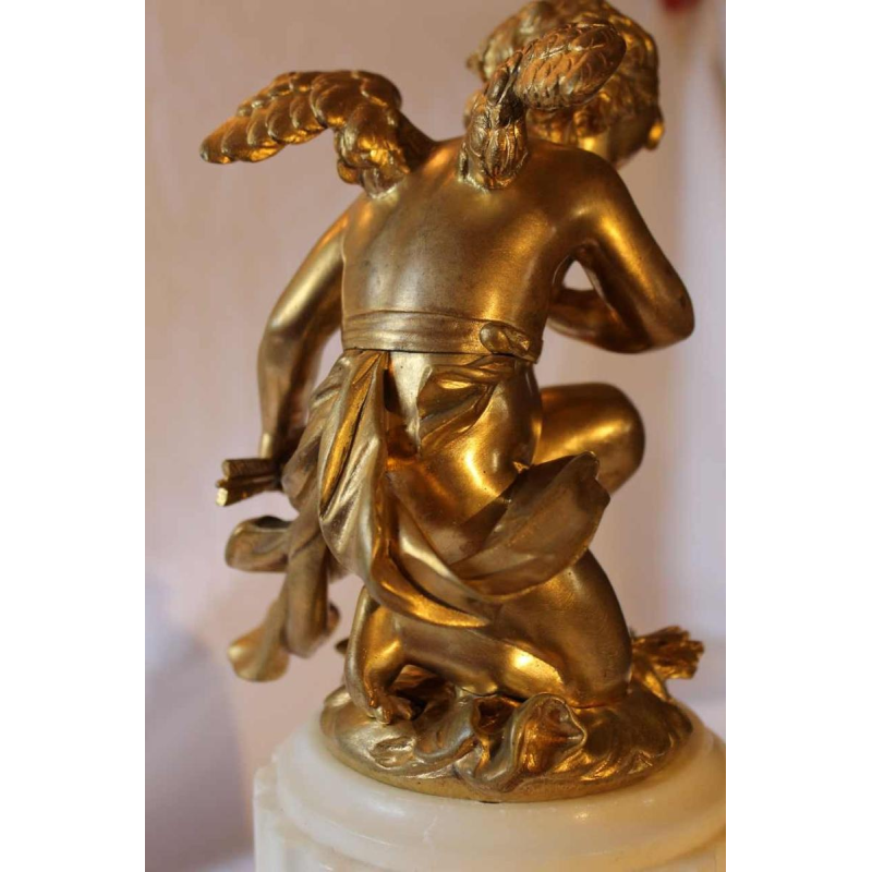 White marble clock by L. Leroy, gilt bronze Amour Cupidon sculpture by Carlier, 19th c