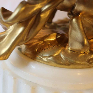 White marble clock by L. Leroy, gilt bronze Amour Cupidon sculpture by Carlier, 19th c