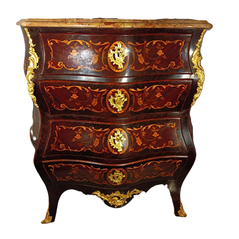 Commode de style Louis XV galbée toutes faces, marqueterie bronze marbre, fin XIXe s Napoléon III