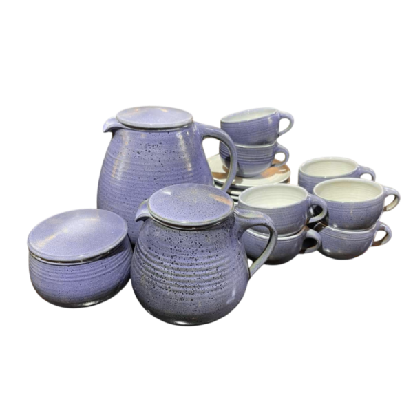 Bernard Thiran, service à café bleu complet en céramique émaillée pour 6 pers, design épuré ca 1970