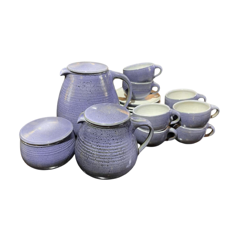 Bernard Thiran, service à café bleu complet en céramique émaillée pour 6 pers, design épuré ca 1970