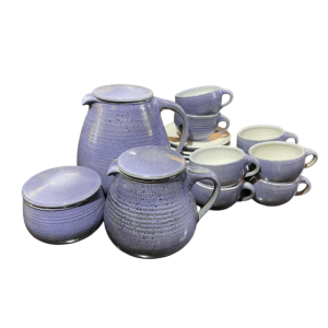 Bernard Thiran, compleet blauw geglazuurd keramisch koffieservies voor 6 pers, puur ontwerp ca 1970