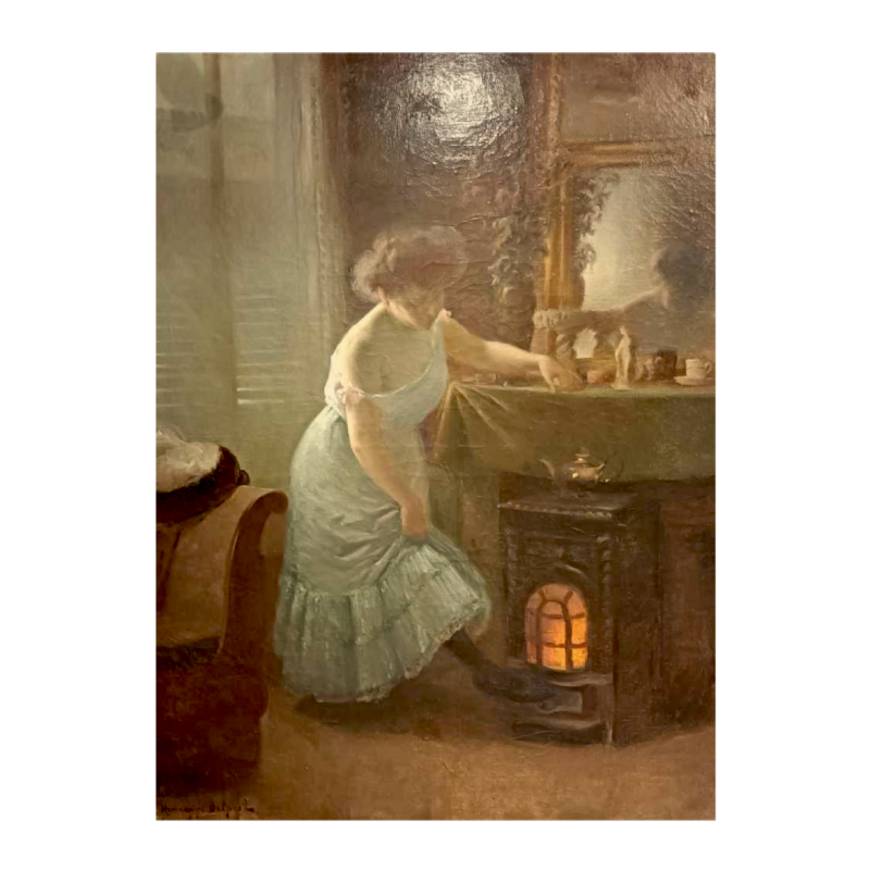 Hermann Delpech " Femme dans un intérieur ", grand tableau clair-obscur, huile sur toile, 1909