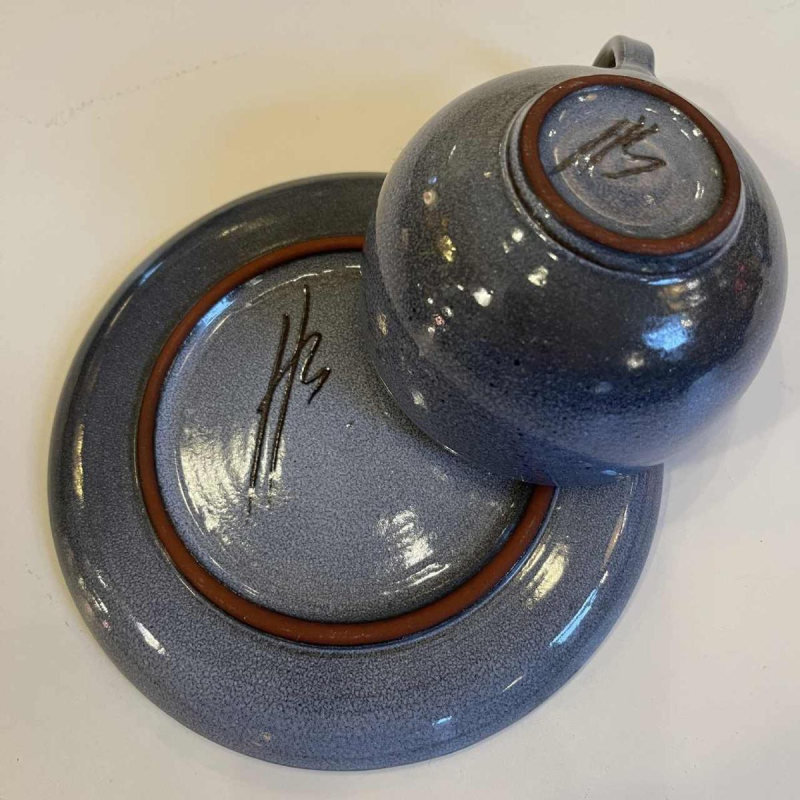 Bernard Thiran, compleet blauw geglazuurd keramisch koffieservies voor 6 pers, puur ontwerp ca 1970