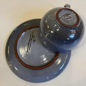 Bernard Thiran, complete blue glazed ceramic coffee service for 6 pers, modernist design ca 1970