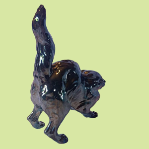 Charles Virion for Rambervillers, sculpture of a dishevelled cat in iridescent earthenware, eyes in sulphide