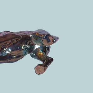 Charles Virion for Rambervillers, sculpture of a dishevelled cat in iridescent earthenware, eyes in sulphide