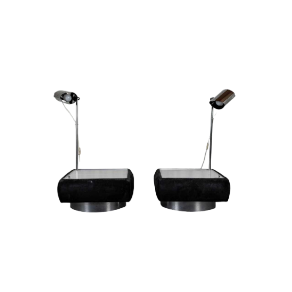 Pair of 2 side tables with integrated lamp, Space Age Design, chrome and black alcantara, ca 1980
