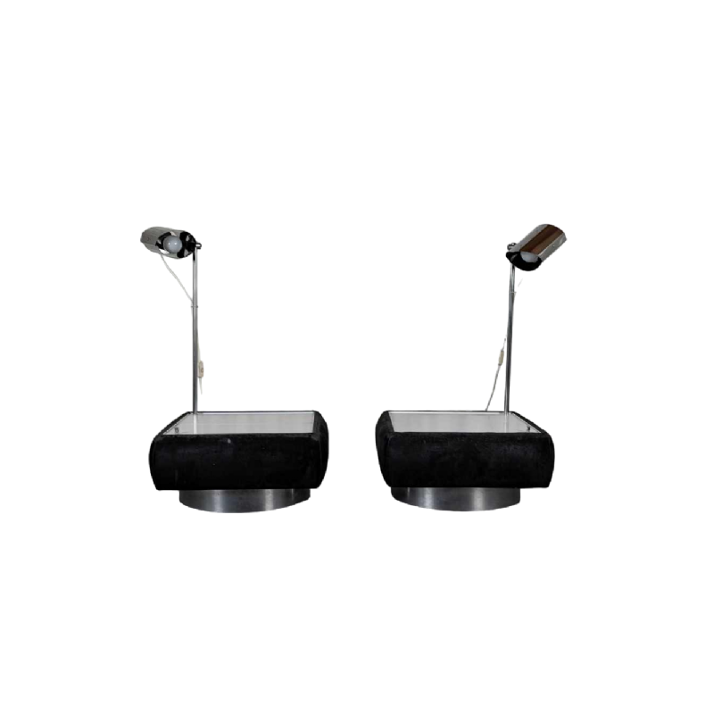 Paire de 2 tables d'appoint avec lampe intégrée, Design Space age, chrome et alcantara noir, ca 1980