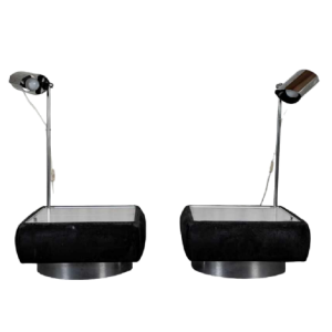 Paire de 2 tables d'appoint avec lampe intégrée, Design Space age, chrome et alcantara noir, ca 1980
