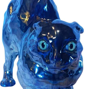 Charles Virion pour Rambervillers, sculpture d'un chat ébouriffé en faïence irisée, yeux en sulfure