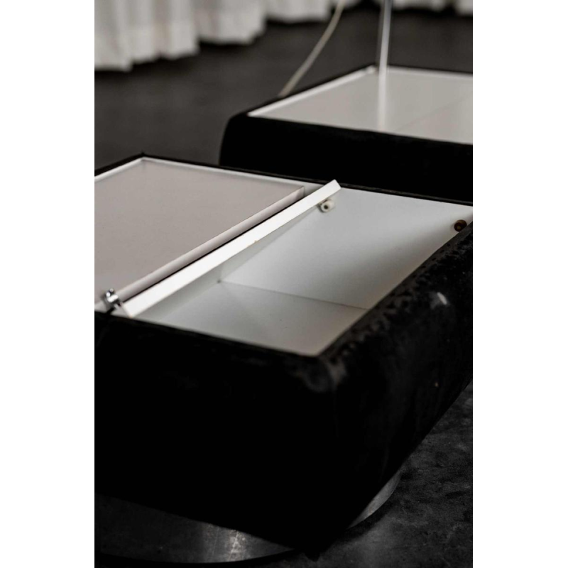 Pair of 2 side tables with integrated lamp, Space Age Design, chrome and black alcantara, ca 1980