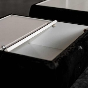 Pair of 2 side tables with integrated lamp, Space Age Design, chrome and black alcantara, ca 1980