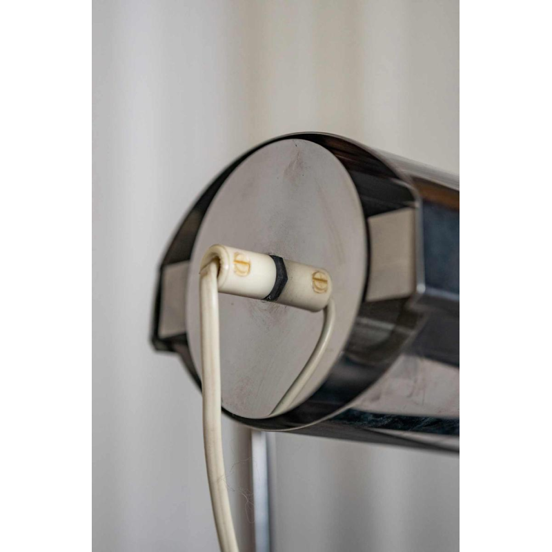 Paire de 2 tables d'appoint avec lampe intégrée, Design Space age, chrome et alcantara noir, ca 1980