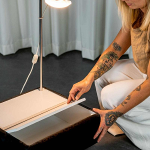 Pair of 2 side tables with integrated lamp, Space Age Design, chrome and black alcantara, ca 1980