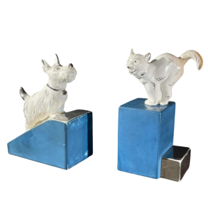 Asymmetrical Art Deco bookends, Scottish Terrier dog and cat, white blue chrome, ceramic, ca 1930