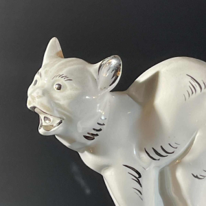 Asymmetrical Art Deco bookends, Scottish Terrier dog and cat, white blue chrome, ceramic, ca 1930