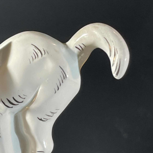 Asymmetrical Art Deco bookends, Scottish Terrier dog and cat, white blue chrome, ceramic, ca 1930