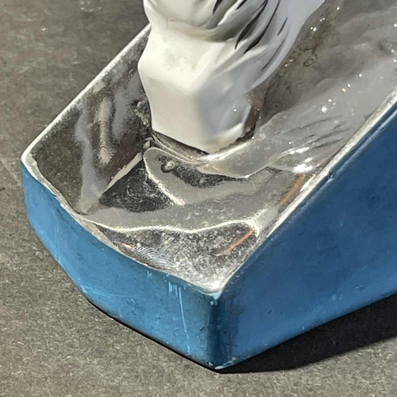 Asymmetrical Art Deco bookends, Scottish Terrier dog and cat, white blue chrome, ceramic, ca 1930