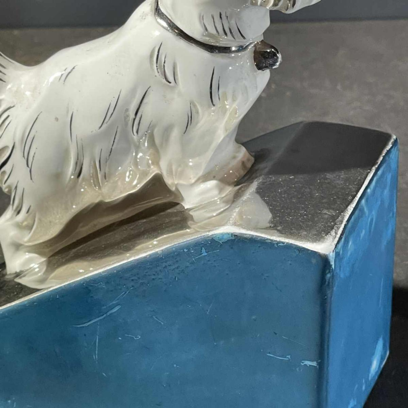 Asymmetrical Art Deco bookends, Scottish Terrier dog and cat, white blue chrome, ceramic, ca 1930