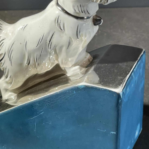 Asymmetrical Art Deco bookends, Scottish Terrier dog and cat, white blue chrome, ceramic, ca 1930