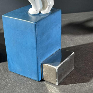 Asymmetrical Art Deco bookends, Scottish Terrier dog and cat, white blue chrome, ceramic, ca 1930