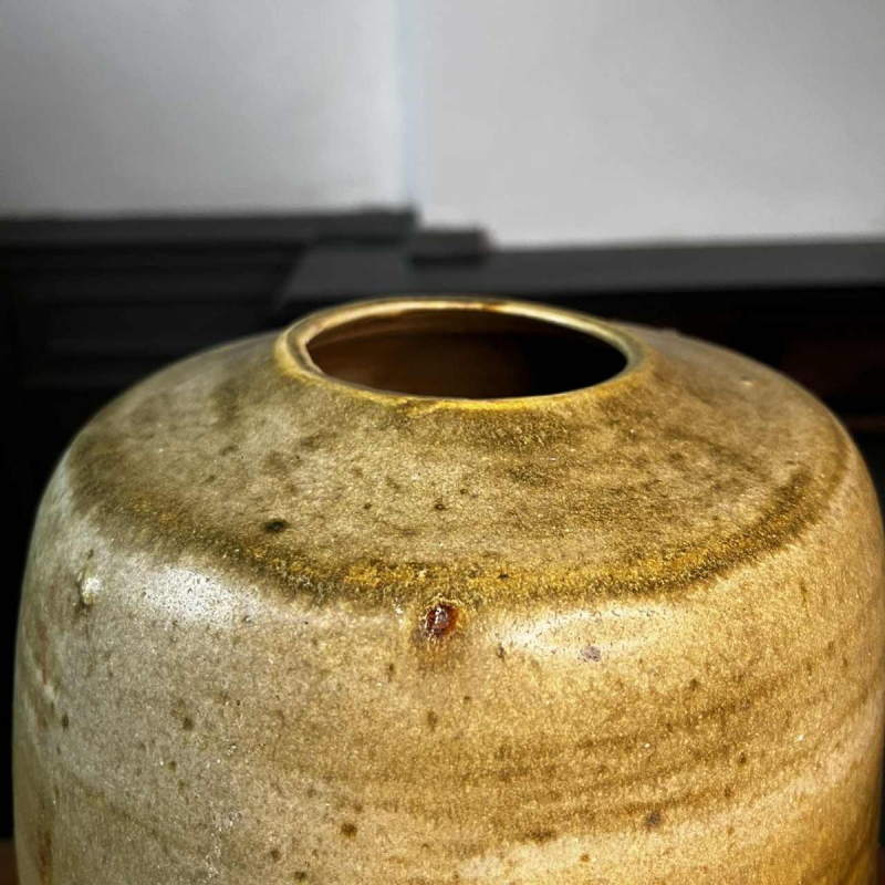 GEORGES PONSART, 33cm yellow modernist vase without neck, large-fired salt stoneware, Bouffioulx ca 1950