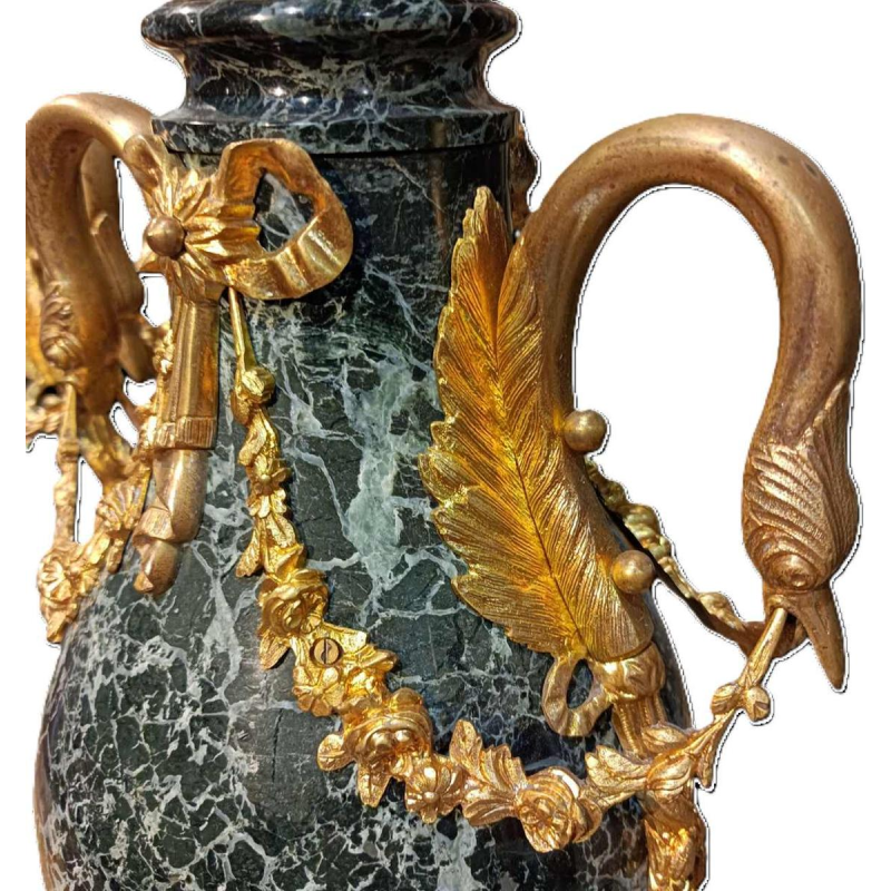 Pair of Louis XVI style marble and gilt bronze covered urns, XIXth c