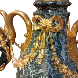 Pair of Louis XVI style marble and gilt bronze covered urns, XIXth c